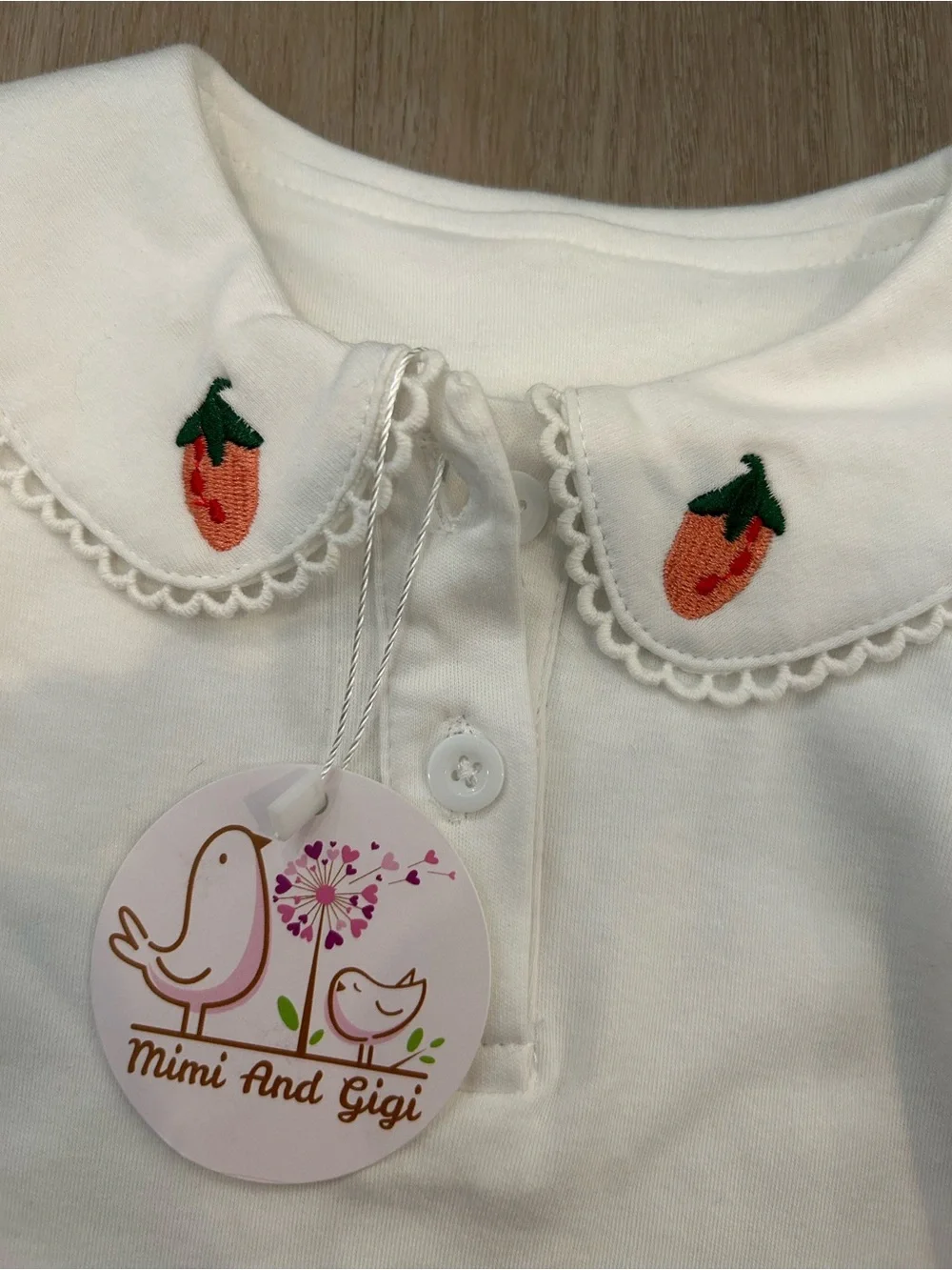 White Long-Sleeve Peter Pan Collar Top with Strawberry Embroidery